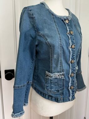 Frayed Jeweled Denim Jacket Women’s Size 40 Bell Sleeve